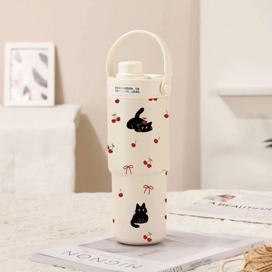 White-Cherry Black Cat 30oz Ceramic-Lined Insulated Tumbler with Handle, 735ml Stainless Steel Travel Mug V888-ELOSUNG33010