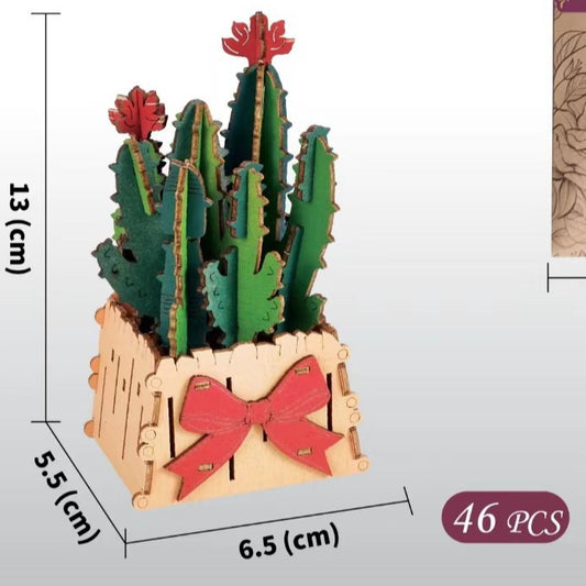 Thousand Flowers DIY 3D Wooden Cactus Puzzle with Red Flowers - 46-Piece Kids' Craft Toy V888-ELOSUNG33047