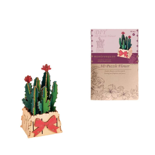 Thousand Flowers DIY 3D Wooden Cactus Puzzle with Red Flowers - 46-Piece Kids' Craft Toy V888-ELOSUNG33047