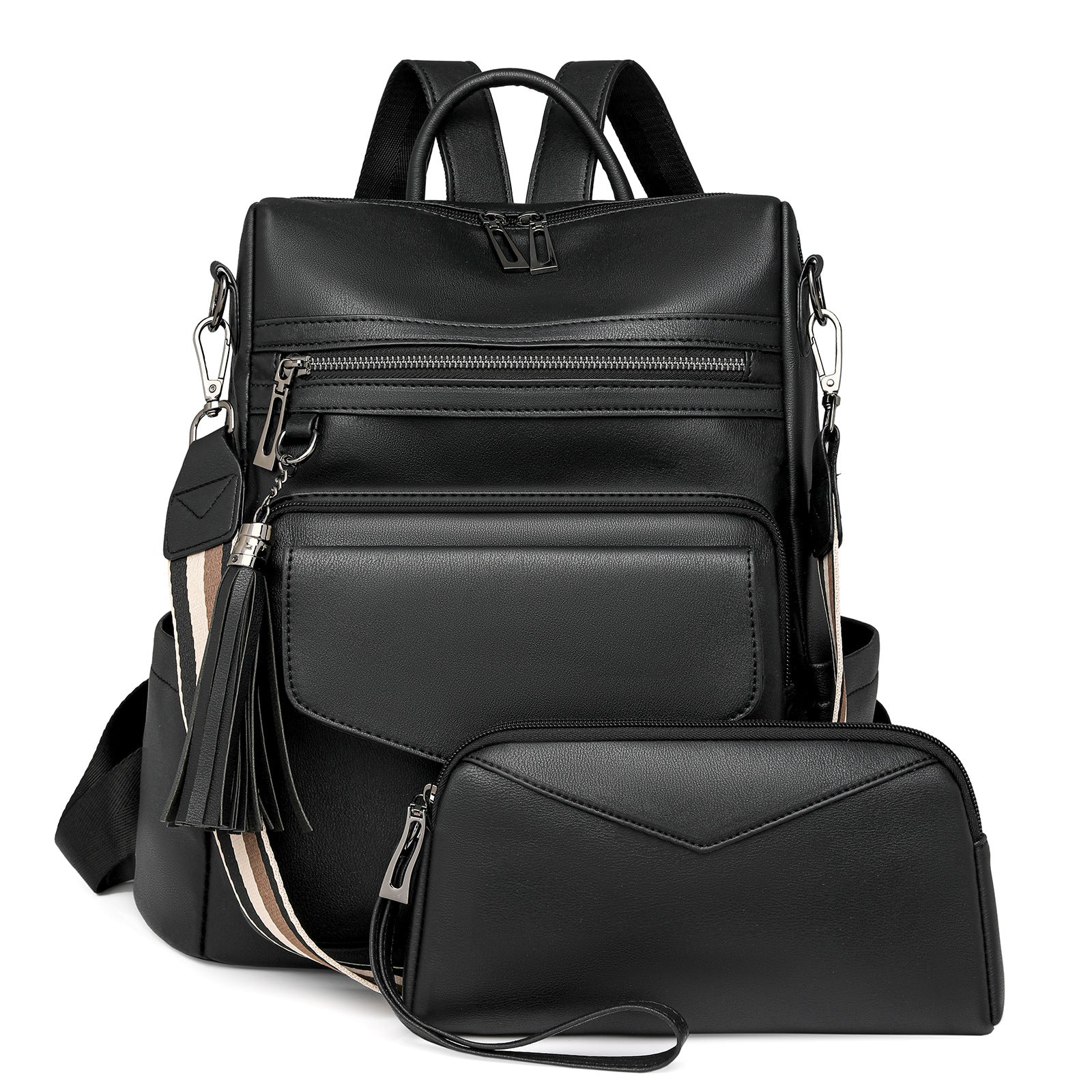 Black Women's Retro PU Leather Backpack - Dual-Color Tassel Design, Winter High-End Style V888-ELOSUNG33082