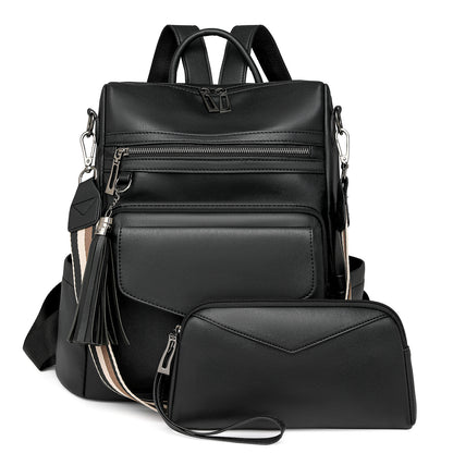 Black Women's Retro PU Leather Backpack - Dual-Color Tassel Design, Winter High-End Style V888-ELOSUNG33082
