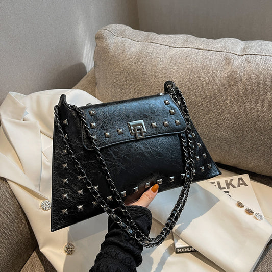 Black Women's Retro Studded Envelope Shoulder Bag - Chain Strap Crossbody Tote in Four Colors V888-ELOSUNG33089
