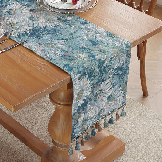 Ink Flower American Retro Jacquard Embroidered Table Runner - Light Luxury Table Mat 30cm x 180cm with Tassels V888-ELOSUNG33103