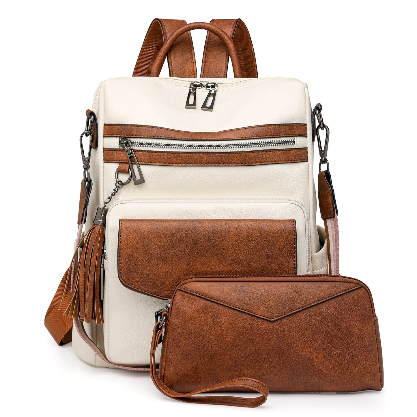 White-brown Women's Retro PU Leather Backpack - Dual-Color Tassel Design, Winter High-End Style V888-ELOSUNG33113