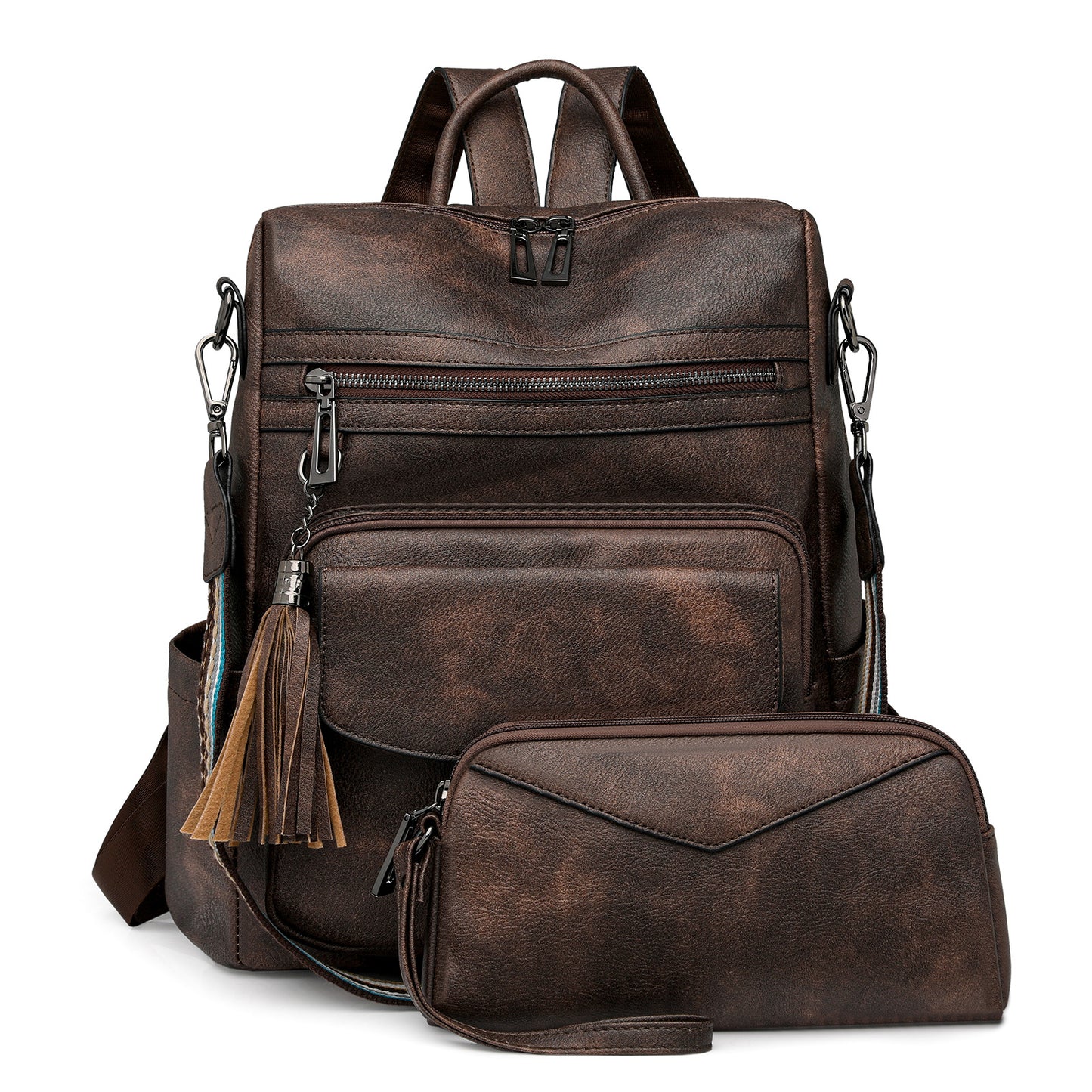 Dark-brown Women's Retro PU Leather Backpack - Dual-Color Tassel Design, Winter High-End Style V888-ELOSUNG33114