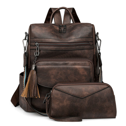 Dark-brown Women's Retro PU Leather Backpack - Dual-Color Tassel Design, Winter High-End Style V888-ELOSUNG33114