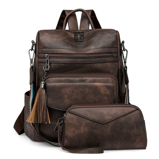 Dark-brown Women's Retro PU Leather Backpack - Dual-Color Tassel Design, Winter High-End Style V888-ELOSUNG33114