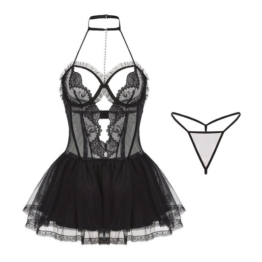 Black Sexy Sheer Lace Nightgown Set - Tempting Lingerie Uniform for Women V888-ELOSUNG33123