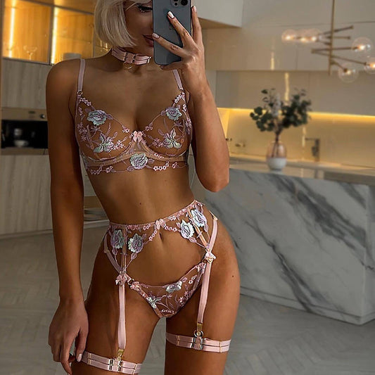 M Pink Sexy Sheer Floral Embroidery Lingerie Set - Open-Butt Shapewear Five-Piece Set V888-ELOSUNG33133
