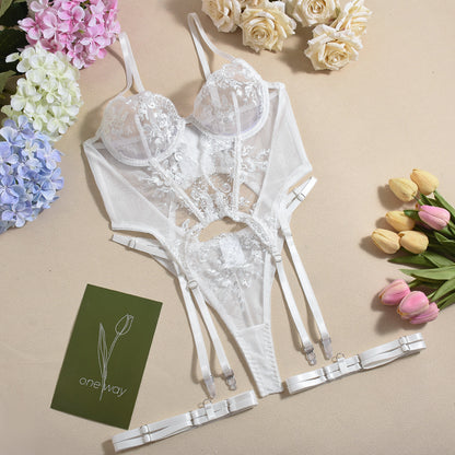 XL White 3-Piece Embroidered Lace Lingerie Set with Boned Corset - Seductive Elegance V888-ELOSUNG33139