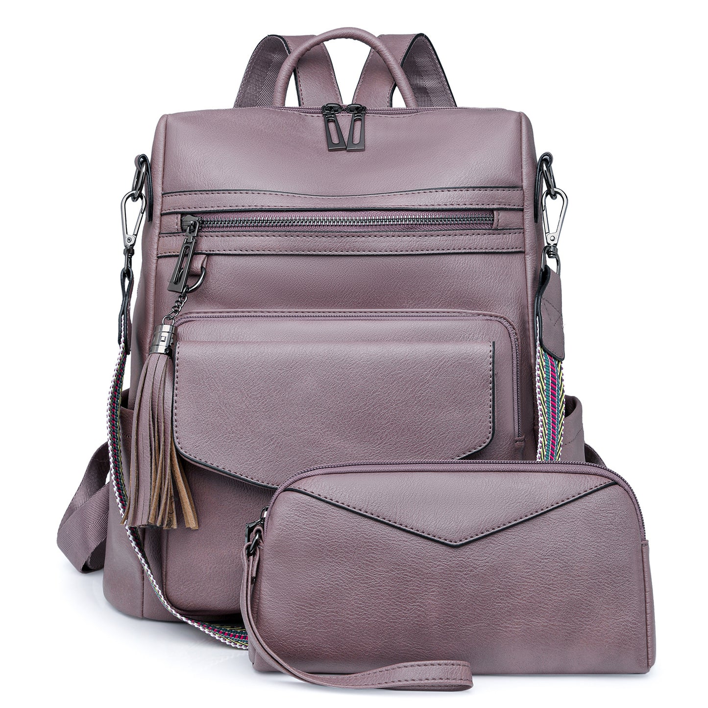 Light Purple Women's Retro PU Leather Backpack - Dual-Color Tassel Design, Winter High-End Style V888-ELOSUNG33184