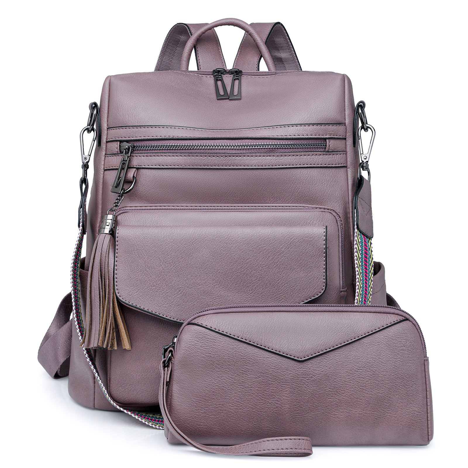 Light Purple Women's Retro PU Leather Backpack - Dual-Color Tassel Design, Winter High-End Style V888-ELOSUNG33184