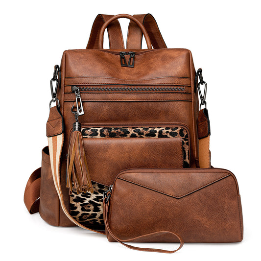 Brown with Leopard Print Women's Retro PU Leather Backpack - Dual-Color Tassel Design, Winter High-End Style V888-ELOSUNG33185