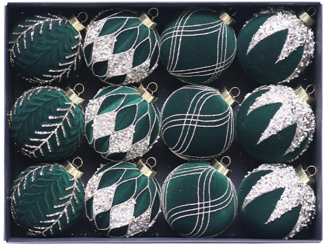 Green 12-Piece 8cm Christmas Bauble Set - Colorful Flocked Tree Ornaments V888-ELOSUNG33192
