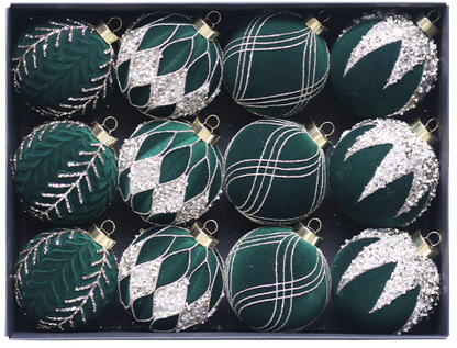 Green 12-Piece 8cm Christmas Bauble Set - Colorful Flocked Tree Ornaments V888-ELOSUNG33192