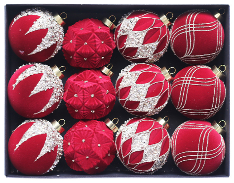 Red 12-Piece 8cm Christmas Bauble Set - Colorful Flocked Tree Ornaments V888-ELOSUNG33193