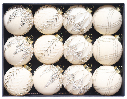 Beige-yellow 12-Piece 8cm Christmas Bauble Set - Colorful Flocked Tree Ornaments V888-ELOSUNG33194