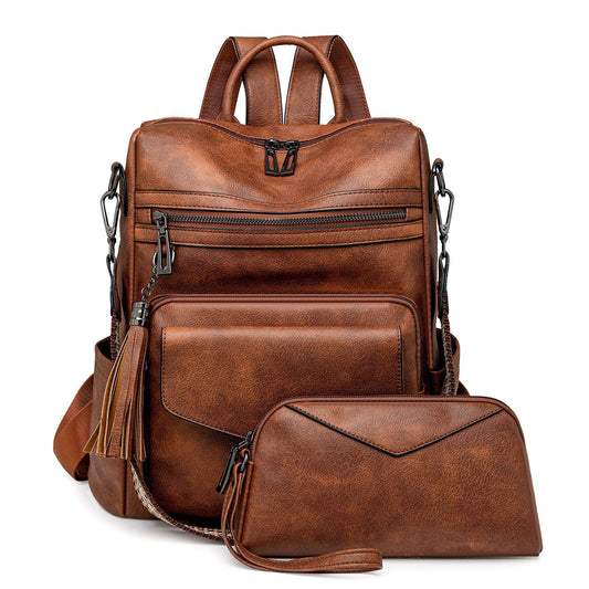 Two-color Brown Rough Women's Retro PU Leather Backpack - Dual-Color Tassel Design, Winter High-End Style V888-ELOSUNG33210