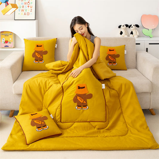 Yellow Fashion Bear 2-in-1 Foldable Car Pillow Blanket - Cozy 40x40cm Pillow, Unfolds to 100x150cm Blanket V888-ELOSUNG33214