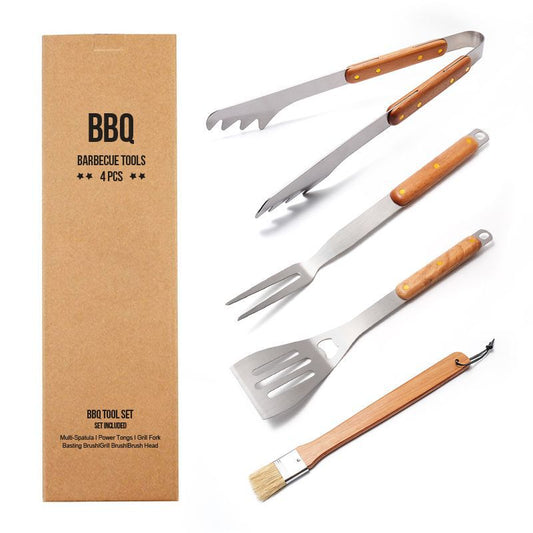 Premium 4-Piece BBQ Tool Set with Rubberwood Handles - Kraft Box V888-ELOSUNG33236