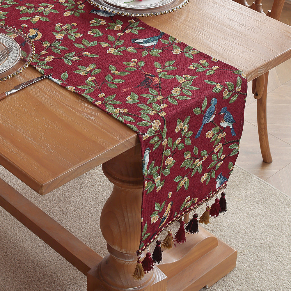 Red Magpie American Retro Jacquard Embroidered Table Runner - Light Luxury Table Mat 30cm x 180cm with Tassels V888-ELOSUNG33239
