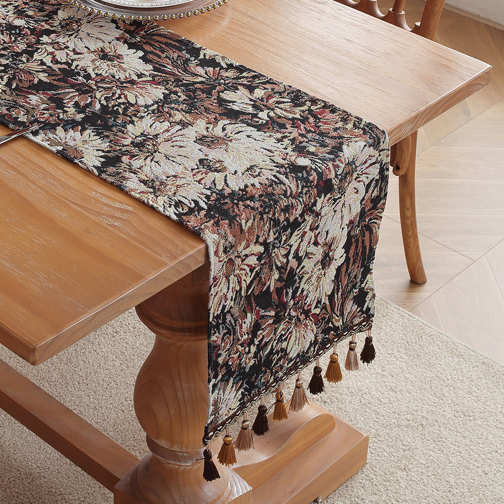 Camellia American Retro Jacquard Embroidered Table Runner - Light Luxury Table Mat 30cm x 180cm with Tassels V888-ELOSUNG33240