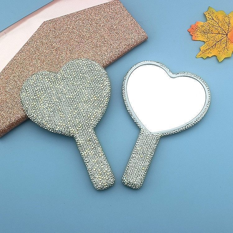 2PCS White Glamorous Diamond-Encrusted Heart Handheld Mirror - Luxe High-Definition Makeup Essential V888-ELOSUNG33243