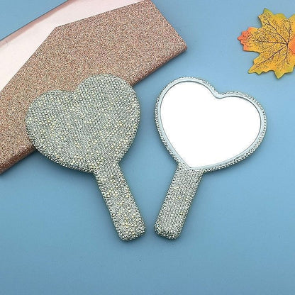 2PCS White Glamorous Diamond-Encrusted Heart Handheld Mirror - Luxe High-Definition Makeup Essential V888-ELOSUNG33243