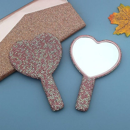 2PCS Pink-white Glamorous Diamond-Encrusted Heart Handheld Mirror - Luxe High-Definition Makeup Essential V888-ELOSUNG33244