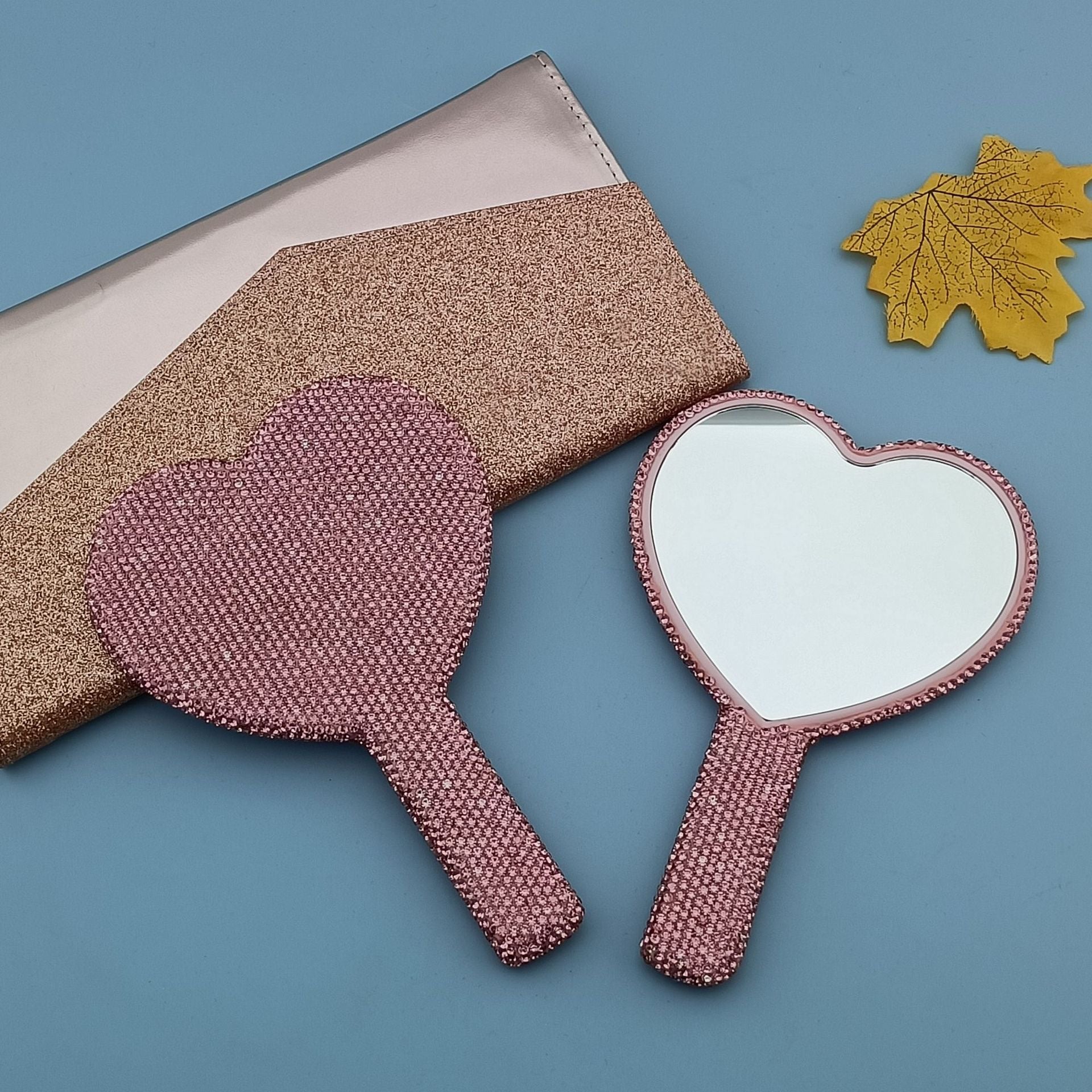 2PCS Pink Glamorous Diamond-Encrusted Heart Handheld Mirror - Luxe High-Definition Makeup Essential V888-ELOSUNG33245