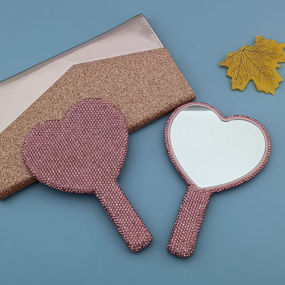 2PCS Pink Glamorous Diamond-Encrusted Heart Handheld Mirror - Luxe High-Definition Makeup Essential V888-ELOSUNG33245