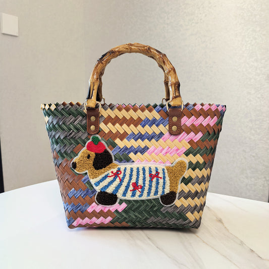 Dachshund Vintage Striped Dachshund Woven Tote Bag - Stylish Hand-Carry Beach Bag for Women V888-ELOSUNG33277