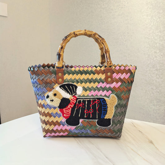 Black-coated Dog Vintage Striped Dachshund Woven Tote Bag - Stylish Hand-Carry Beach Bag for Women V888-ELOSUNG33278