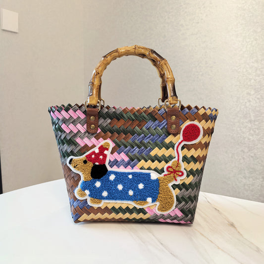 Red Balloon Dog Vintage Striped Dachshund Woven Tote Bag - Stylish Hand-Carry Beach Bag for Women V888-ELOSUNG33279