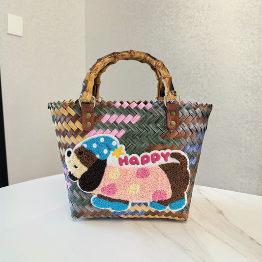 Happy Dog Vintage Striped Dachshund Woven Tote Bag - Stylish Hand-Carry Beach Bag for Women V888-ELOSUNG33280