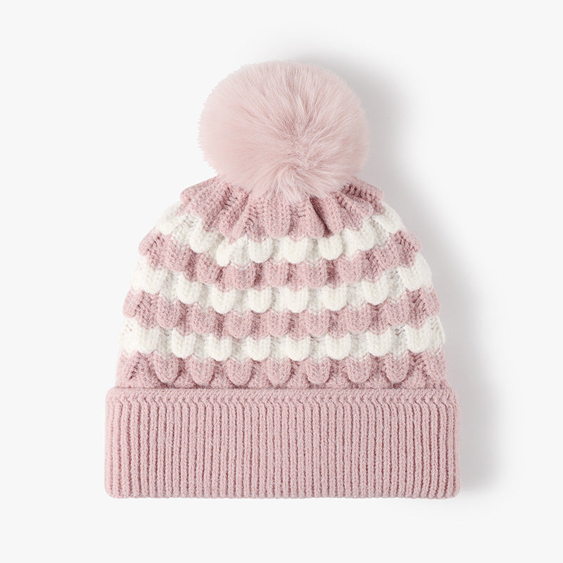 2-PCS Pink Stylish Two-Tone Pom-Pom Ear Warmer Knit Hat - Lined for Women V888-ELOSUNG33301
