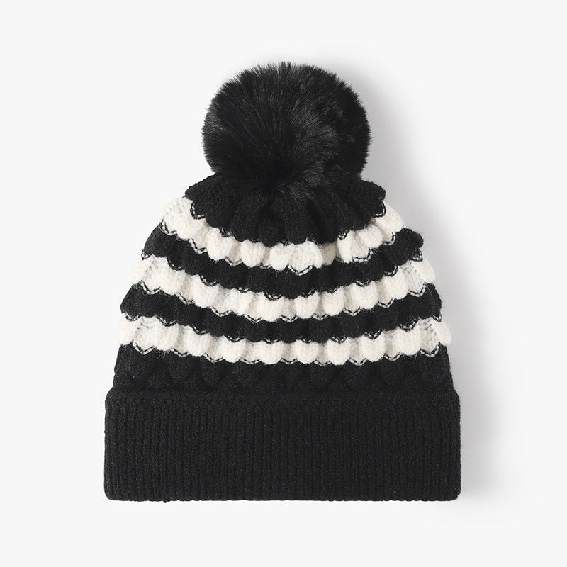 2-PCS Black Stylish Two-Tone Pom-Pom Ear Warmer Knit Hat - Lined for Women V888-ELOSUNG33302