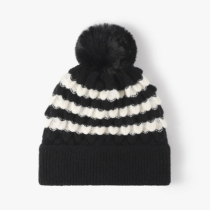 2-PCS Black Stylish Two-Tone Pom-Pom Ear Warmer Knit Hat - Lined for Women V888-ELOSUNG33302