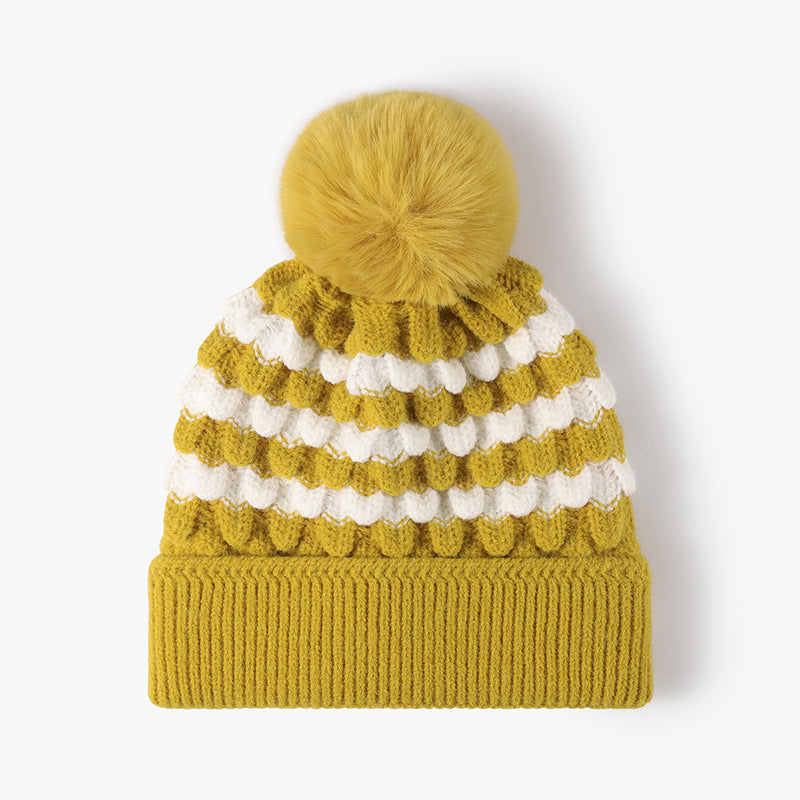 2-PCS Yellow Stylish Two-Tone Pom-Pom Ear Warmer Knit Hat - Lined for Women V888-ELOSUNG33303