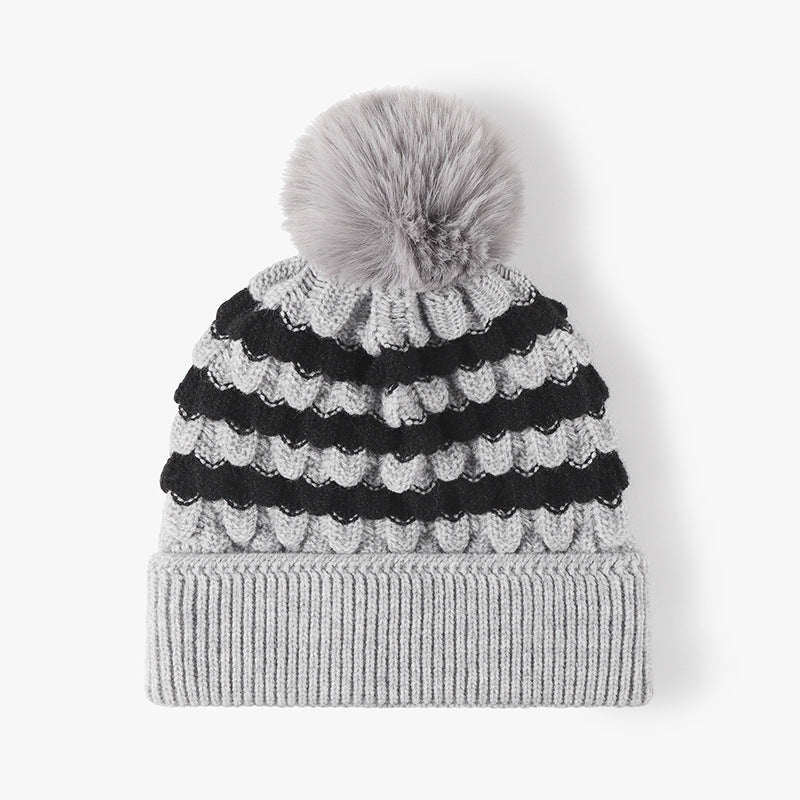 2-PCS Grey Stylish Two-Tone Pom-Pom Ear Warmer Knit Hat - Lined for Women V888-ELOSUNG33304