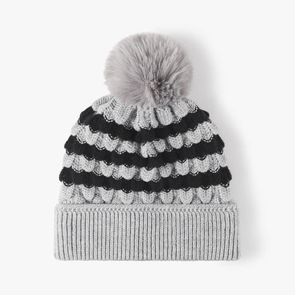 2-PCS Grey Stylish Two-Tone Pom-Pom Ear Warmer Knit Hat - Lined for Women V888-ELOSUNG33304