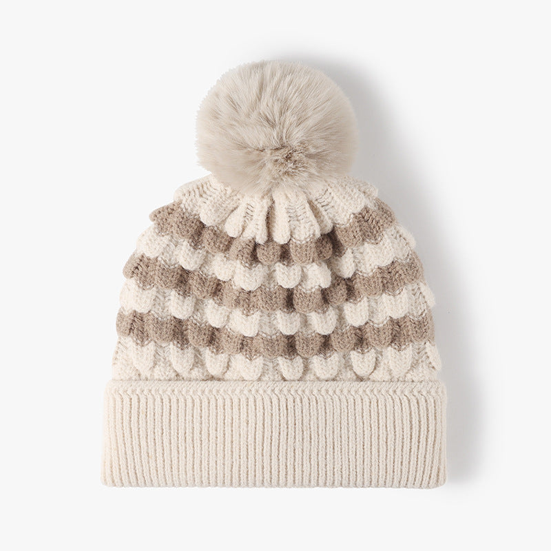2-PCS Beige Stylish Two-Tone Pom-Pom Ear Warmer Knit Hat - Lined for Women V888-ELOSUNG33305