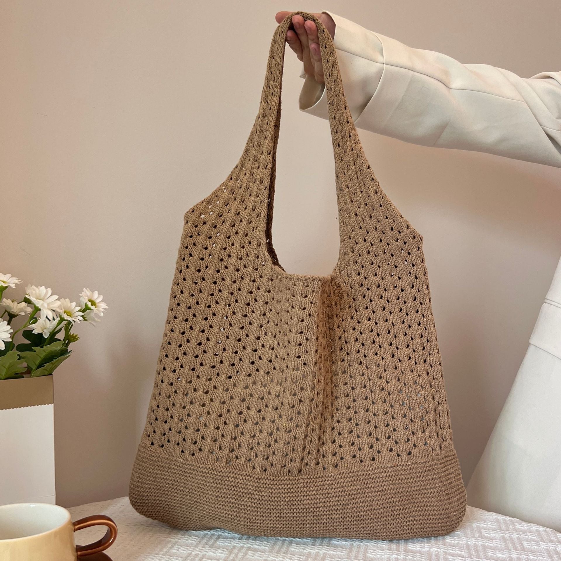 Coffee Handwoven Knitted Tote Bag - Vintage Style Shoulder Bag V888-ELOSUNG33320