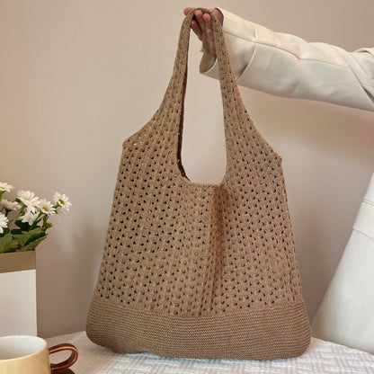 Coffee Handwoven Knitted Tote Bag - Vintage Style Shoulder Bag V888-ELOSUNG33320