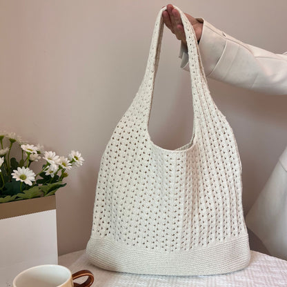 White Handwoven Knitted Tote Bag - Vintage Style Shoulder Bag V888-ELOSUNG33321