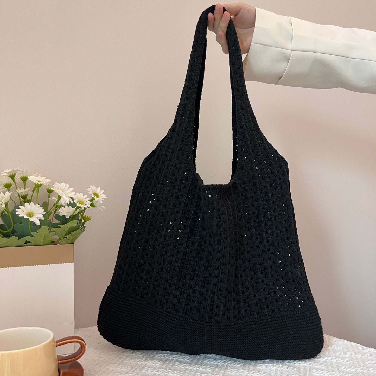 Black Handwoven Knitted Tote Bag - Vintage Style Shoulder Bag V888-ELOSUNG33322