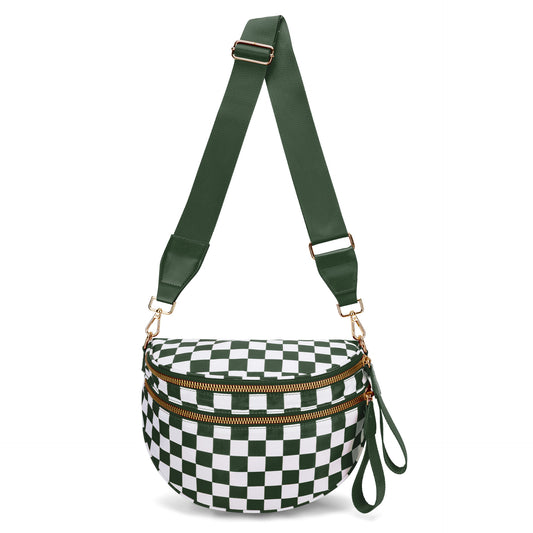 Black and White Checkered Trendy Sling Bag - Women's Crescent Crossbody Purse with Wide Adjustable Strap V888-ELOSUNG33366