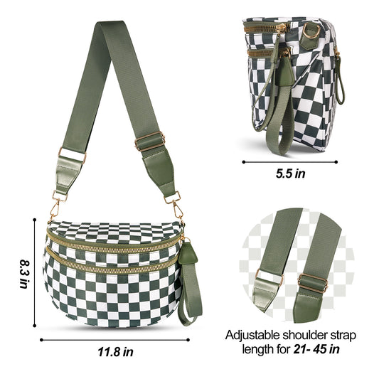 Black and White Checkered Trendy Sling Bag - Women's Crescent Crossbody Purse with Wide Adjustable Strap V888-ELOSUNG33366