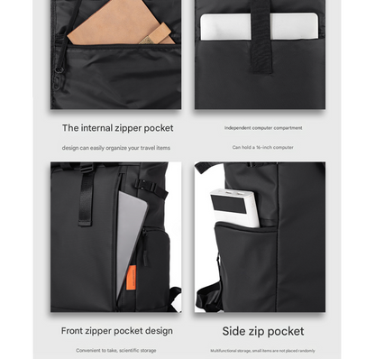 Black Urban Explorer Roll-Top Backpack - Water-Resistant Large Capacity Bag for Travel, Work & Laptop V888-ELOSUNG33382