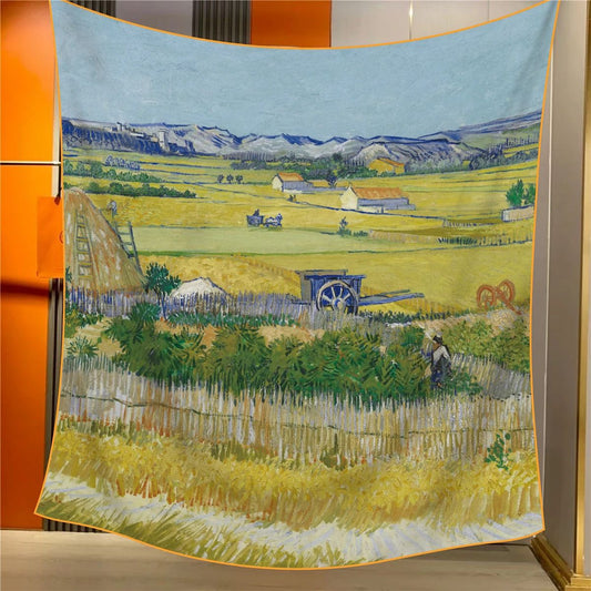 Bumper Harvest Elegant Artistry Shawl - Large 130cm Square Scarf with Oil Painting Print & Hand-Rolled Hem V888-ELOSUNG33390